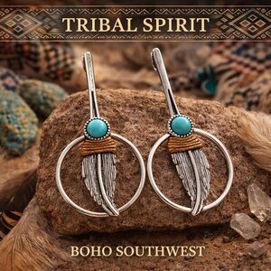 paparazzi Turquoise and Tan Feather Hoop Earrings